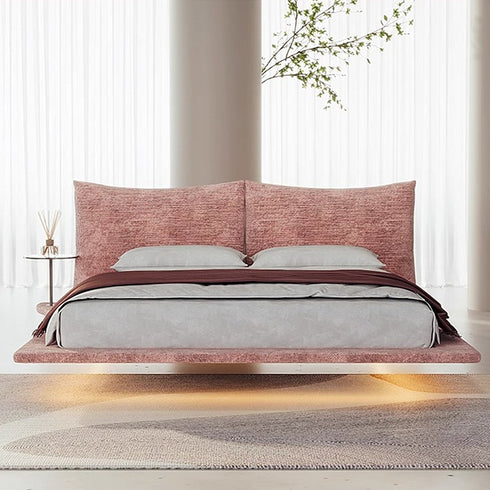 Amina Chenille Flannel Upholstered Headboard Luxury Floating Bed Frame with Sidetable